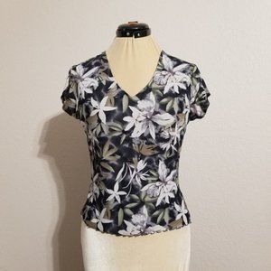 Kathy Ireland Women Gray Floral Short Sleeve Blouse, Size S